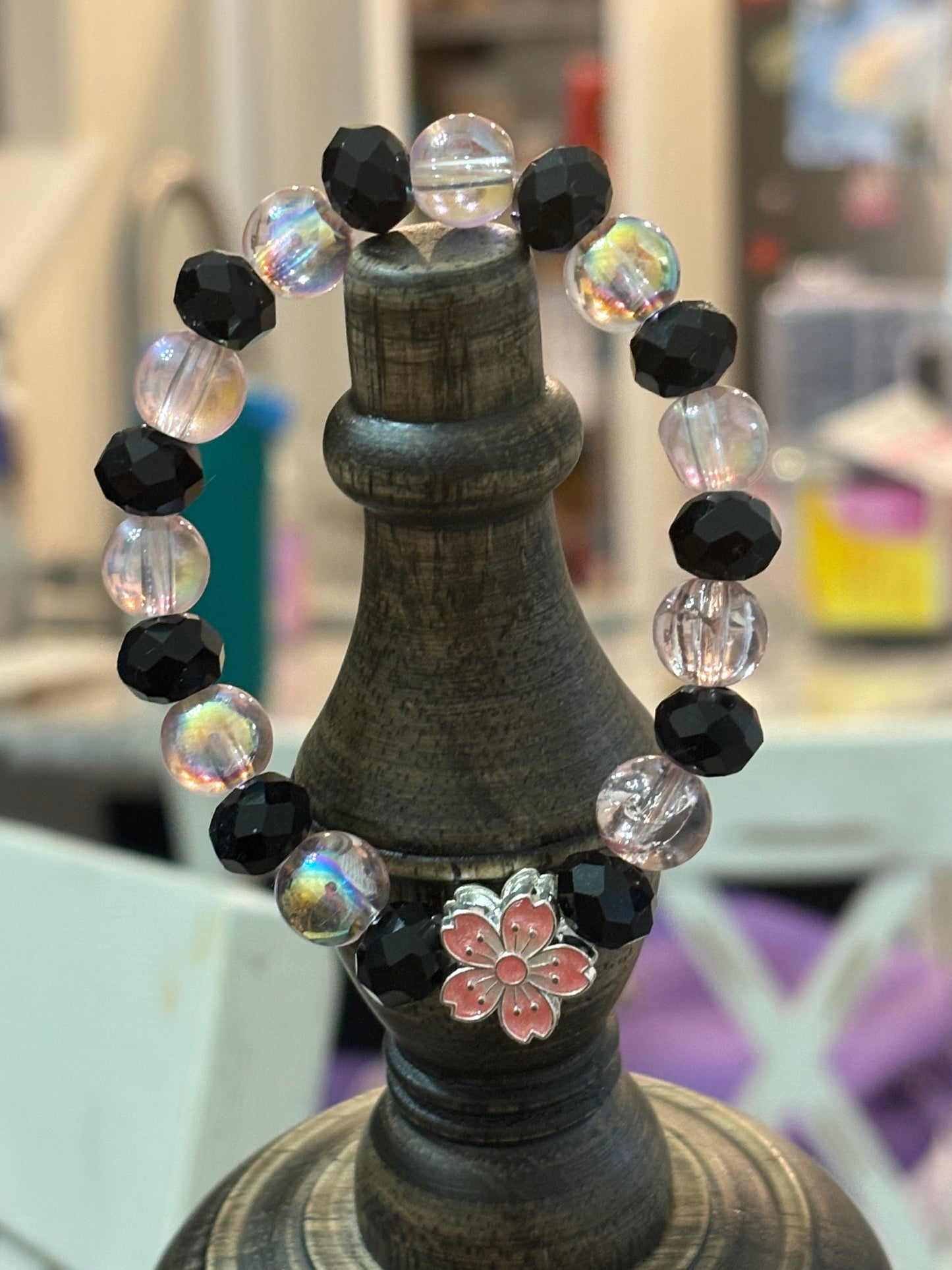 Black and Clear Bracelet with Flower Charm