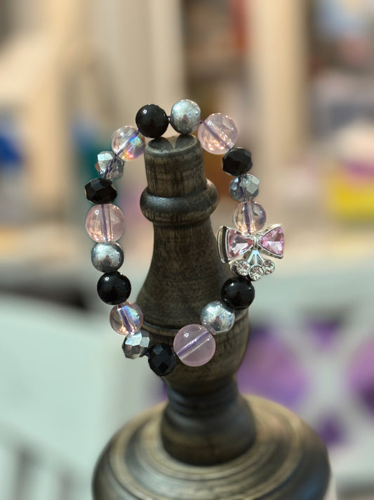 Pink & Black Bow Beaded Bracelet