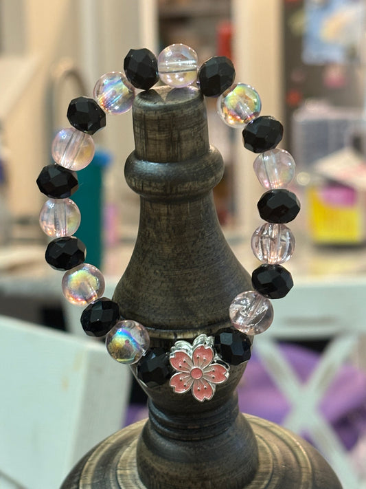 Black and Clear Bracelet with Flower Charm